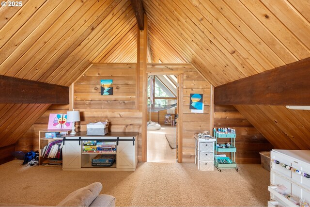 596 Sable Dr, Roseburg, OR 97470 - bedroom with wooden walls, wooden ceiling, and carpet floors