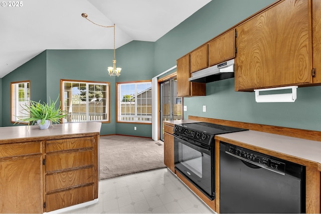 kitchen featuring an inviting chandelier, under cabinet range hood, black appliances, light countertops, and lofted ceiling