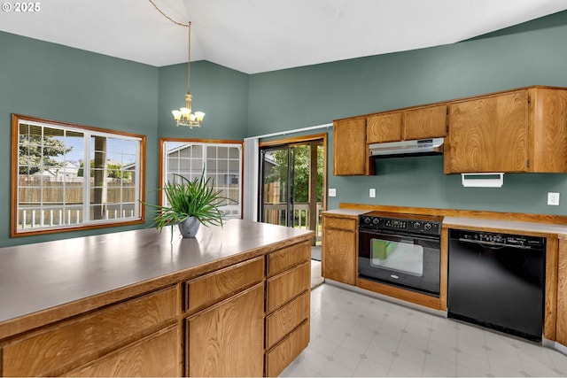 kitchen with under cabinet range hood, a notable chandelier, wall oven, dishwasher, and lofted ceiling