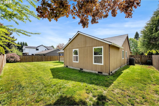 view of property exterior featuring a fenced backyard, a yard, and central air condition unit