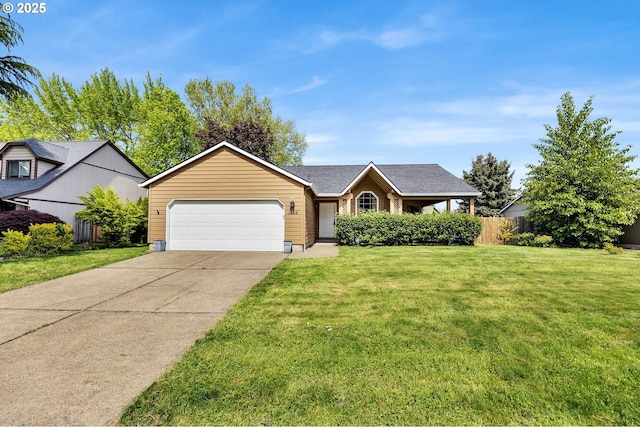ranch-style house featuring a garage, fence, a front lawn, and driveway