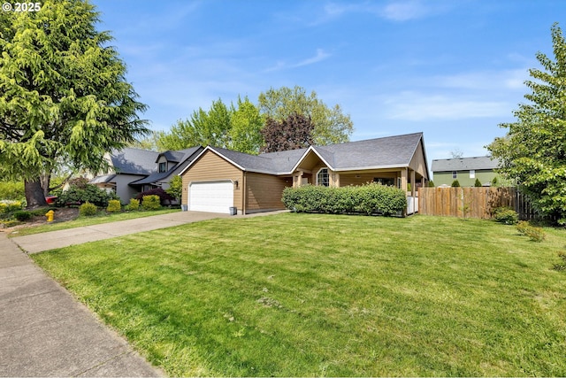 single story home featuring fence, a shingled roof, a garage, driveway, and a front yard