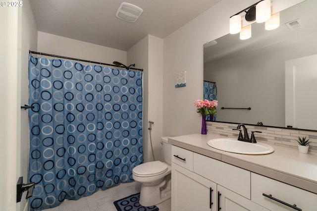 bathroom featuring tile patterned flooring, vanity, a shower with curtain, tasteful backsplash, and toilet