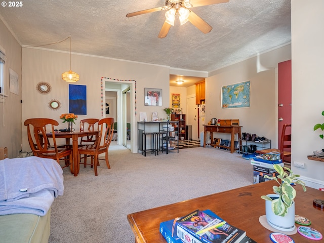 carpeted living room featuring ceiling fan, ornamental molding, and a textured ceiling