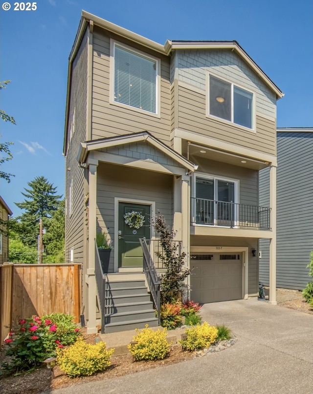 3037 SW Sherman Pl, Beaverton, OR 97003 - view of front facade with concrete driveway, an attached garage, and a balcony