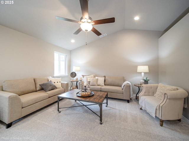 living area with recessed lighting, visible vents, a ceiling fan, light carpet, and vaulted ceiling