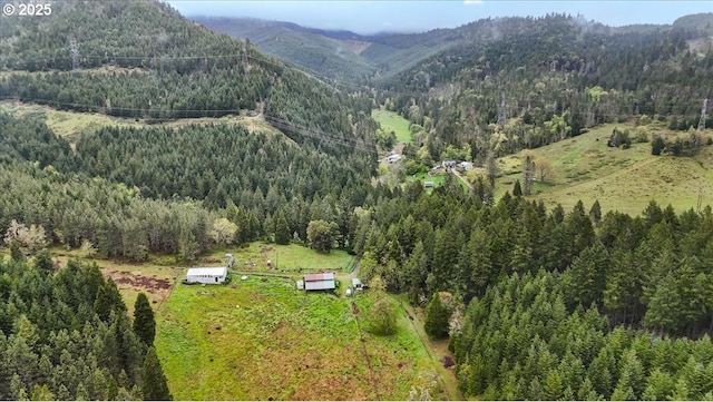 aerial view featuring a mountain view and a forest view