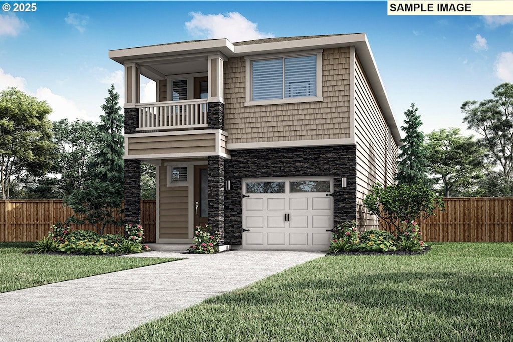 749 NE 13th St, Battle Ground, WA 98604 - view of front facade with a balcony, stone siding, an attached garage, and driveway