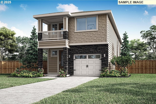 749 NE 13th St, Battle Ground, WA 98604 - view of front facade with a balcony, stone siding, an attached garage, and driveway