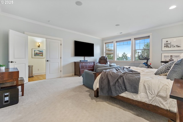 10137 SW Lancaster Rd, Portland, OR 97219 - bedroom with crown molding, light colored carpet, and recessed lighting