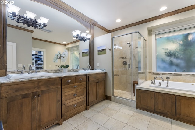 10137 SW Lancaster Rd, Portland, OR 97219 - full bathroom featuring ornamental molding, a shower stall, a bath, double vanity, and tile patterned floors