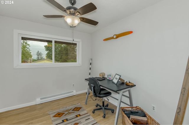 office area featuring ceiling fan, light wood-type flooring, and baseboard heating