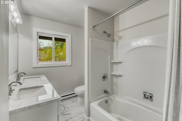 full bathroom with vanity,  shower combination, toilet, and a baseboard radiator