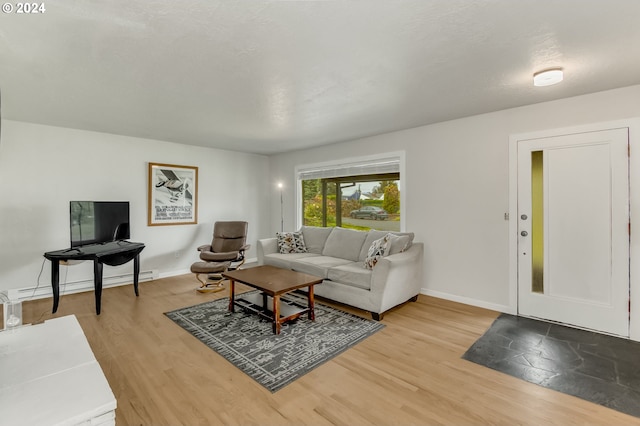 living room with light hardwood / wood-style floors and a baseboard heating unit