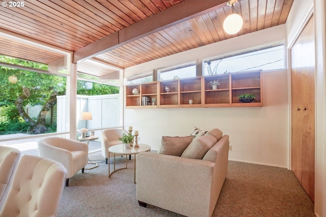 1439 Barton St, Eugene, OR 97404 - carpeted living room with wooden ceiling with exposed beams and plenty of natural light