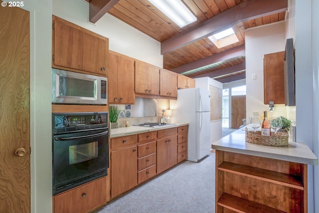 1439 Barton St, Eugene, OR 97404 - kitchen with white appliances, wood ceiling with exposed beams, light countertops, light colored carpet, and open shelves