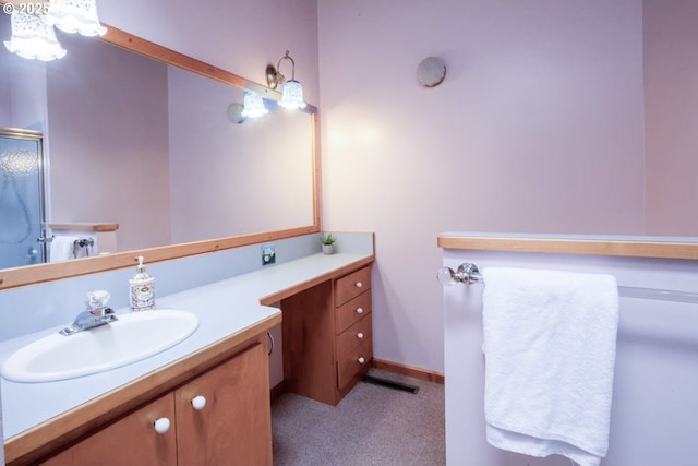 1439 Barton St, Eugene, OR 97404 - full bath with vanity, a shower with door, and a chandelier