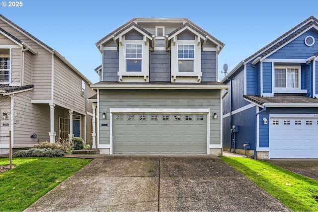 traditional-style home with driveway, an attached garage, and a front yard