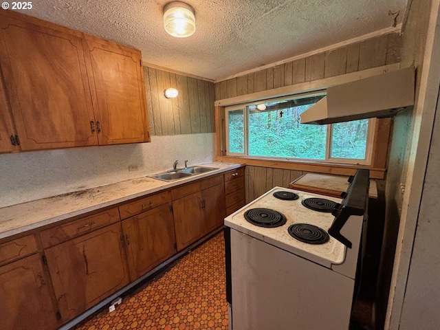 56294 Hall Dr, Mckenzie Bridge, OR 97413 - kitchen with white range with electric stovetop, a sink, a textured ceiling, wood walls, and brown cabinetry