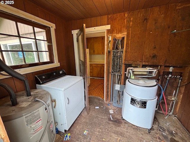56294 Hall Dr, Mckenzie Bridge, OR 97413 - washroom with washer / dryer, wood walls, wood ceiling, and electric water heater