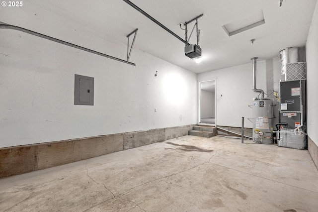 garage featuring electric panel, a garage door opener, water heater, and heating unit