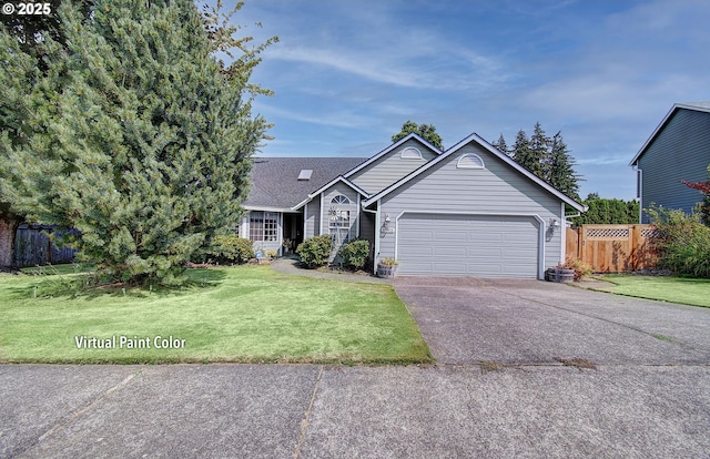 single story home with a front lawn and a garage