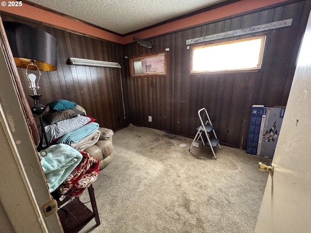 interior space with a textured ceiling, carpet floors, and wood walls