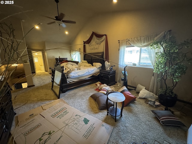 bedroom featuring ceiling fan and high vaulted ceiling