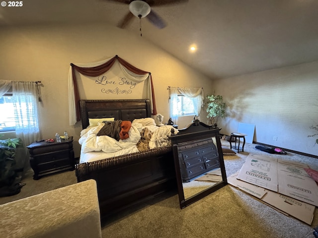 carpeted bedroom with lofted ceiling and ceiling fan