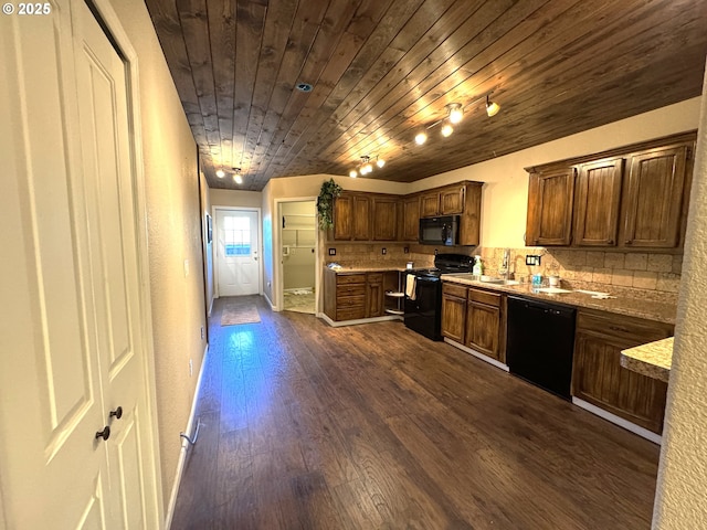 kitchen with dark wood-style floors, tasteful backsplash, light countertops, wood ceiling, and black appliances