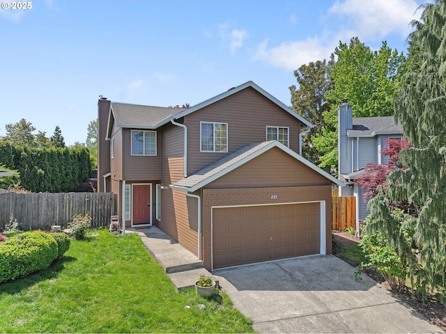 traditional-style home featuring fence, a chimney, driveway, and a front lawn