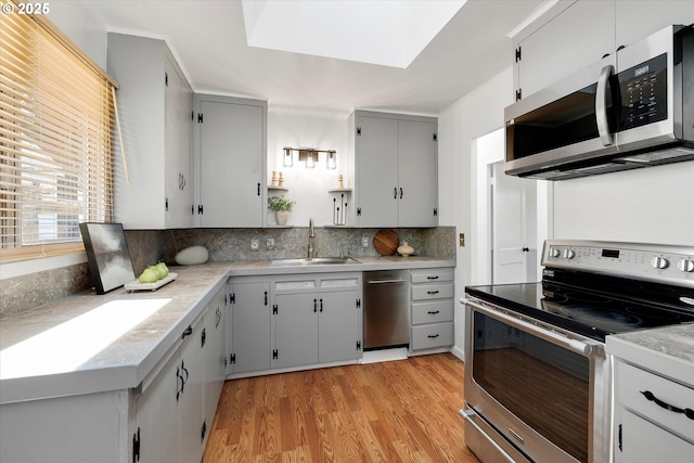 4429 SE Raymond St, Portland, OR 97206 - kitchen featuring stainless steel appliances, light wood-style flooring, decorative backsplash, light countertops, and gray cabinetry