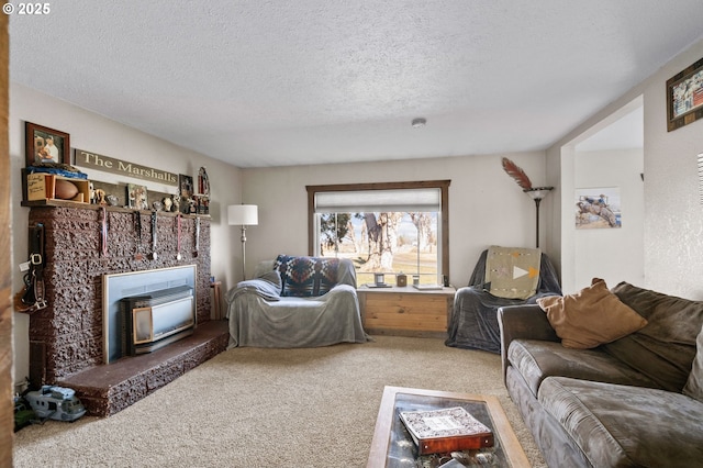 carpeted living area featuring a wood stove and a textured ceiling