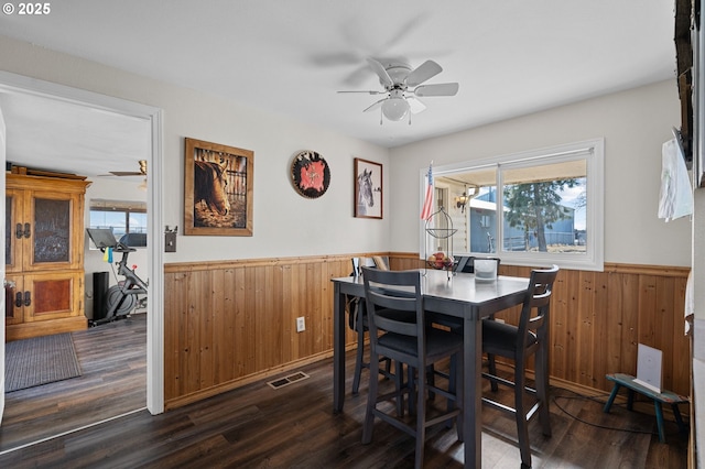 dining area with a wainscoted wall, ceiling fan, wooden walls, and visible vents