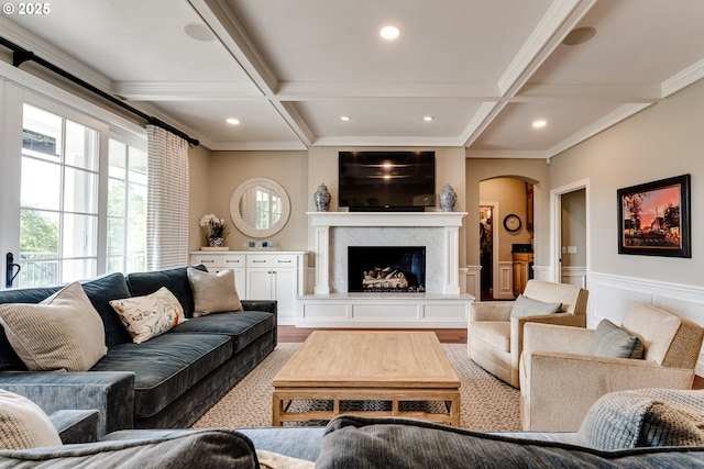 2030 W 34th Ave, Eugene, OR 97405 - living area with coffered ceiling, arched walkways, beamed ceiling, crown molding, and wood finished floors