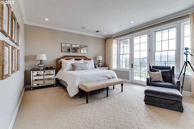 2030 W 34th Ave, Eugene, OR 97405 - bedroom with access to outside, baseboards, light colored carpet, ornamental molding, and recessed lighting
