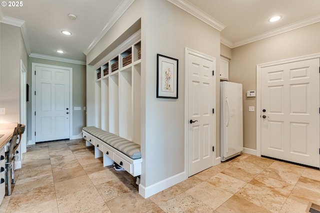 2030 W 34th Ave, Eugene, OR 97405 - entrance foyer with baseboards, crown molding, stone tile floors, and recessed lighting