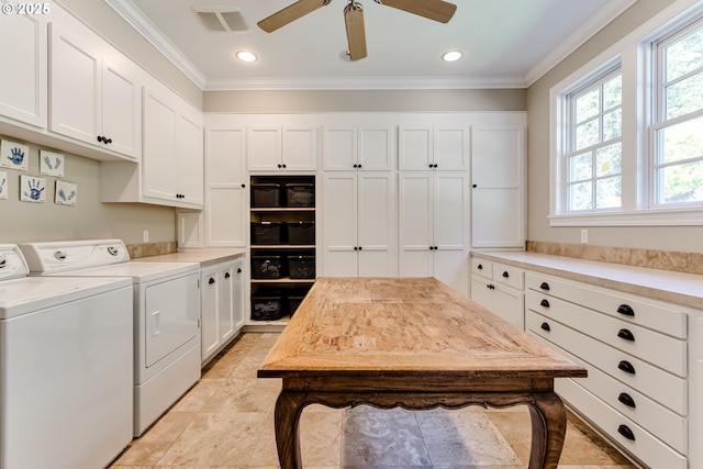 2030 W 34th Ave, Eugene, OR 97405 - clothes washing area with cabinet space, independent washer and dryer, crown molding, a ceiling fan, and recessed lighting