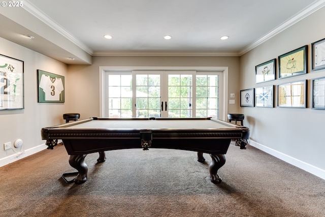 2030 W 34th Ave, Eugene, OR 97405 - playroom featuring carpet flooring, pool table, baseboards, crown molding, and recessed lighting