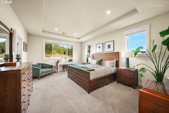 bedroom with light colored carpet, a tray ceiling, multiple windows, and a textured ceiling