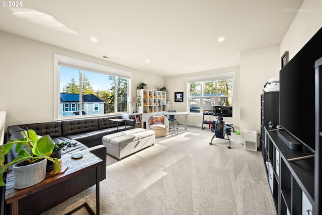 living room with light colored carpet