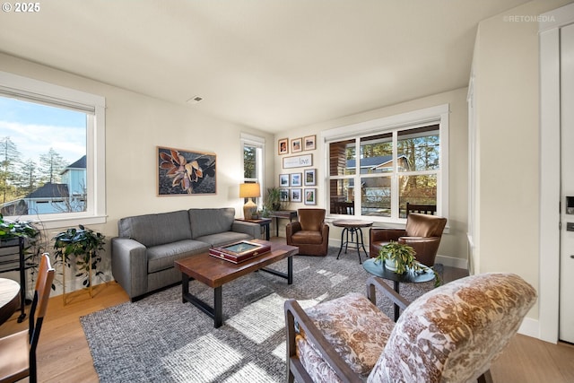 living room featuring plenty of natural light and light hardwood / wood-style floors