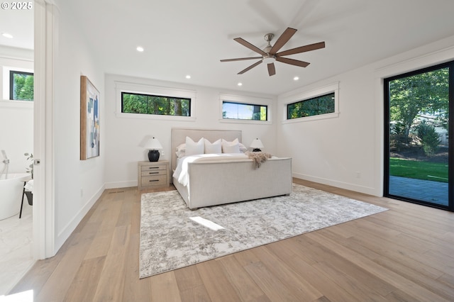 bedroom featuring access to exterior, light wood finished floors, baseboards, recessed lighting, and ceiling fan