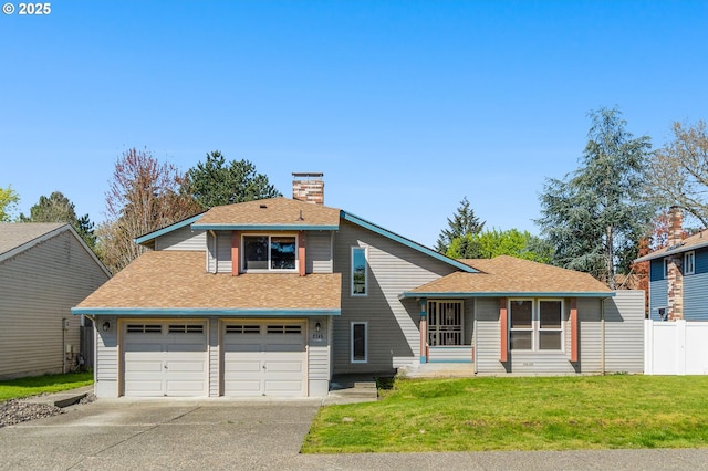 view of front of house with driveway, a chimney, a front yard, and fence