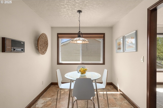 dining room featuring baseboards, a textured ceiling, and stone finish flooring