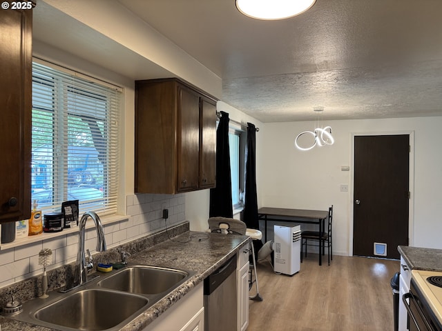 145 Donald Ter, Myrtle Creek, OR 97457 - kitchen featuring a sink, stainless steel dishwasher, dark countertops, dark brown cabinets, and light wood-style floors