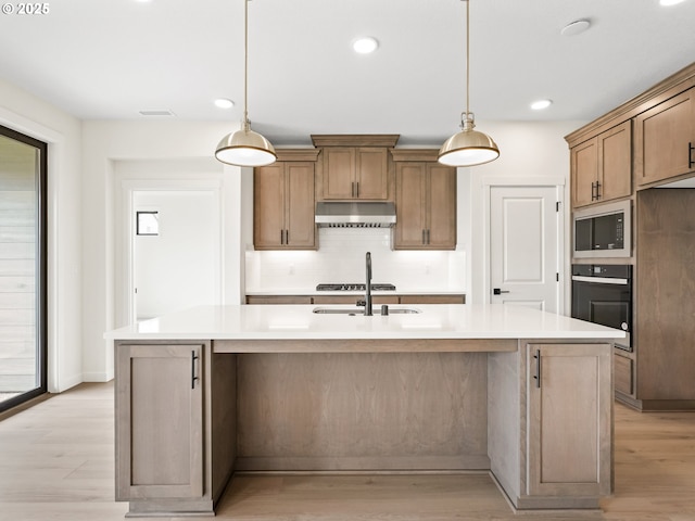 17019 NE 82nd St, Vancouver, WA 98682 - kitchen with decorative backsplash, stainless steel appliances, light wood-type flooring, under cabinet range hood, and a sink