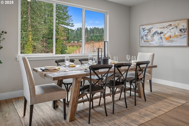 dining space featuring baseboards and wood finished floors