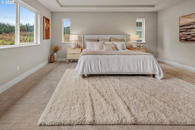 carpeted bedroom featuring a tray ceiling and baseboards