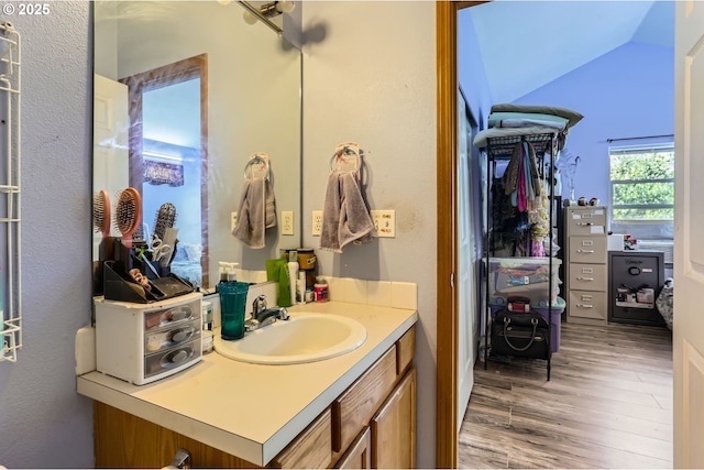 bathroom with lofted ceiling, wood finished floors, and vanity